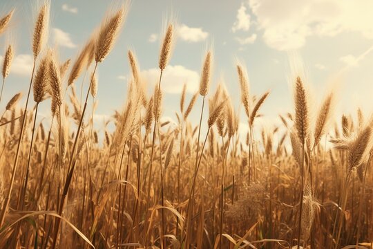 An image of a field of tall wheat plants with long stems and large seed heads. Generative AI