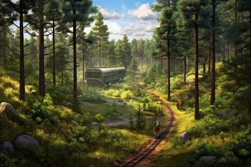 Overview of a scenic path through lush pine forest, with transportation elements in the background. Generative AI