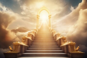 Stairs to heavenly reward, success, and happiness through compassion. Glorious end. 3D illustration. Generative AI