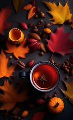 Autumn background with drinks in ceramic mugs