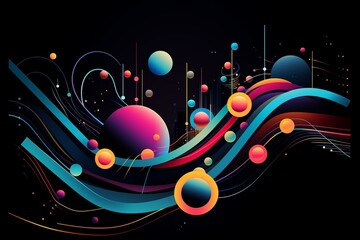 Colorful abstract background with curved design and flat surreal elements on black background. Generative AI