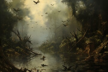 Swamp filled with flying insects. Generative AI - obrazy, fototapety, plakaty