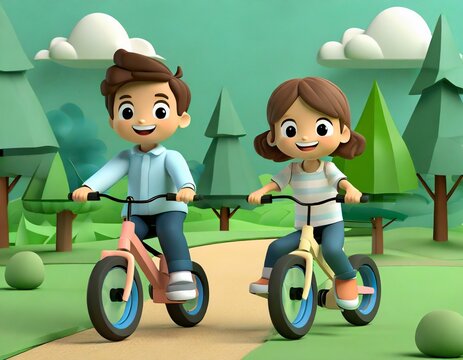 Adorable, wide-eyed children riding bicycles in the front yard; a boy is a girl