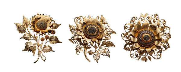 3 Old fashioned sunflower brooch made of gold with intricate design set against a transparent background - obrazy, fototapety, plakaty
