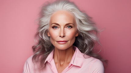 Elegant, smiling, elderly, chic, beautiful blond woman with gray long hair and perfect skin, on a pink background, banner.