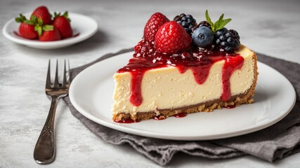 a cheesecake with berries on top on a plate with a fork