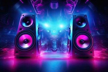 Neon nights. Retro vibes in musical entertainment speaker system illumination. Audio evolution. Disco system design in modern nightclub - obrazy, fototapety, plakaty