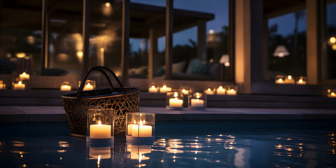 Evening Relaxation by the Pool.,,,
Romantic Poolside Candles Generative Ai