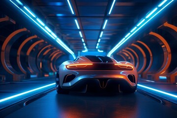 Futuristic neon-lit concrete spaceship in a virtual garage tunnel. Generative AI