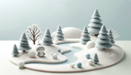 Tranquil Fuzzy Felt Winter Diorama with Subtle Details - obrazy, fototapety, plakaty