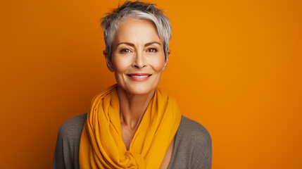 Elegant, smiling, elderly, chic, woman with gray hair and short haircut, on a yellow background, banner.