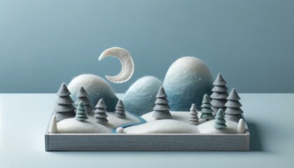 Tranquil Felt Winter Scene: Cute Diorama Landscape - obrazy, fototapety, plakaty