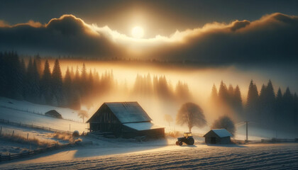 Golden Dawn: Countryside Winter with Rustic Barn - obrazy, fototapety, plakaty