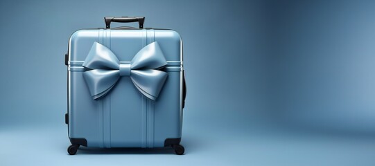 close up view of nice metal wheeled suitcase on blue background, travel or luggage as a gift, empty space
