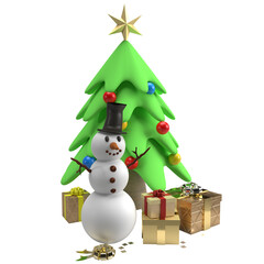 The Snowman and Christmas tree for celebrities or holiday concept 3d rendering..