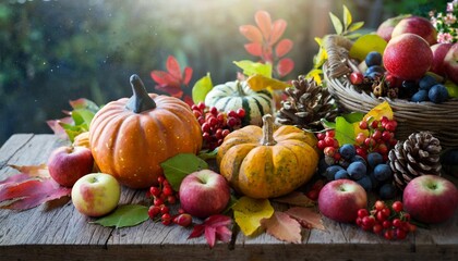 Fototapeta na wymiar Pumpkin and autumn leaves on wooden table Thanksgiving Day