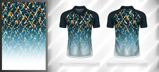 Vector sport pattern design template for Polo T-shirt front and back with short sleeve view mockup. Dark and light shades of blue with orange-white color gradient abstract grunge texture background.