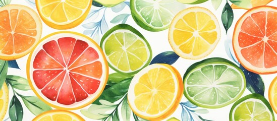 Watercolor vintage pattern with tropical fruits like citrus slices - obrazy, fototapety, plakaty