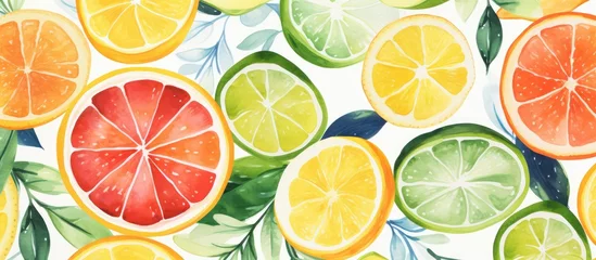 Foto op Plexiglas Watercolor vintage pattern with tropical fruits like citrus slices © AkuAku