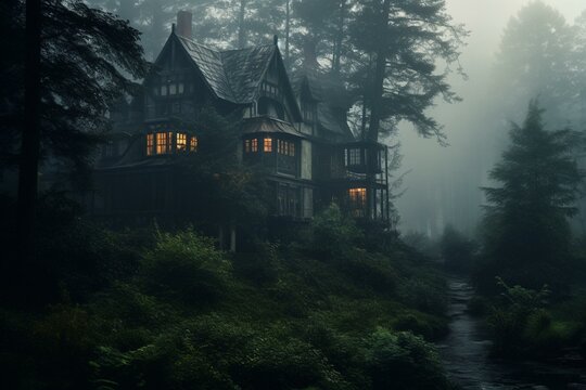 Old-fashioned residence engulfed in dense mist. Generative AI
