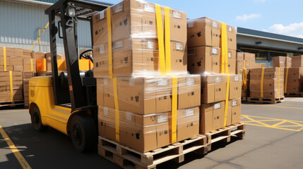 Warehouse scene with forklift and stacked boxes