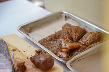 Beef and tripe are ready to be cut for Betawi soto