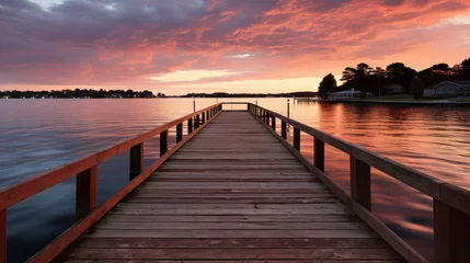 Fotobehang Wooden pier leading into sunset over lake © ArgitopIA