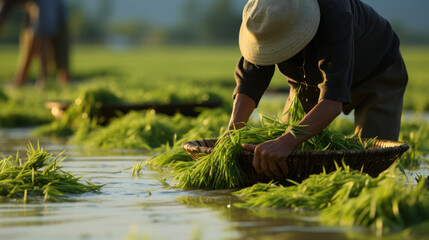 Fototapeta na wymiar Farmer harvesting rice in sunlit paddy field