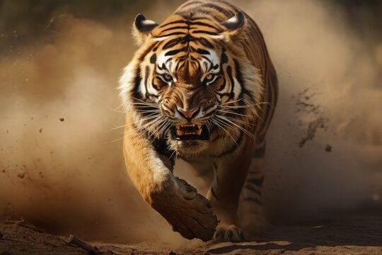 Dynamic action shot of a tiger in mid-chase, capturing the essence of raw power and speed.