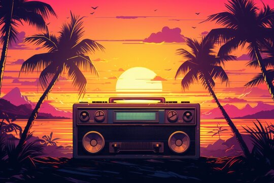 Yellow synthwave art featuring a radio on a beach, ideal for retro-futuristic and summer-themed designs.