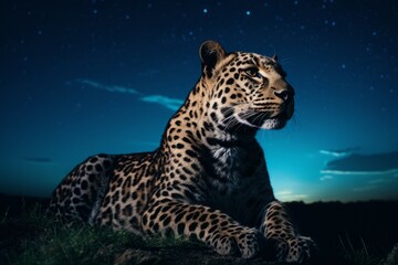 Obraz premium Mystical image of a leopard against a night sky, blending wildlife and celestial wonder.
