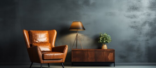 AI rendering of leather armchair in a stylish loft with dark cement wall