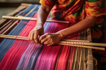 Master weaver is weaving fabric . AI Generated - obrazy, fototapety, plakaty