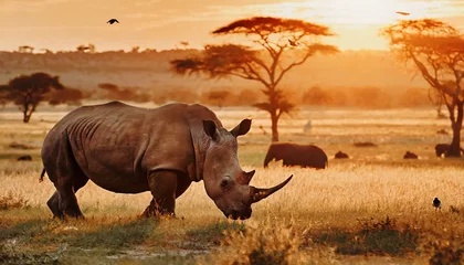 Zelfklevend Fotobehang Rhinoceros in the sunset in Africa © Ümit