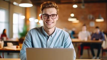Fototapeta premium Portrait of young business man smiling in modern office , Happy young man working in coworking space