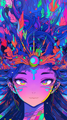 Fototapeta premium Hand drawn cartoon illustration of a beautiful spring goddess wearing a wreath on her head 