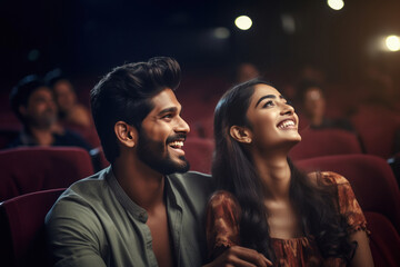 Young couple watching movie in theaters - obrazy, fototapety, plakaty