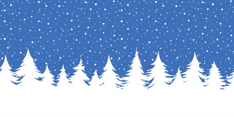 Minimalistic winter landscape, cartoon nature, forest and falling snow, seamless border, vector illustration