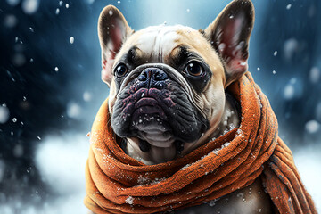 Cute french bulldog in a scarf. Generative AI	 - obrazy, fototapety, plakaty