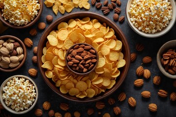 Variety of snacks in wooden bowls. Nuts, corn, raisins, peanuts, walnuts, pecans, cornflakes, cranberries.