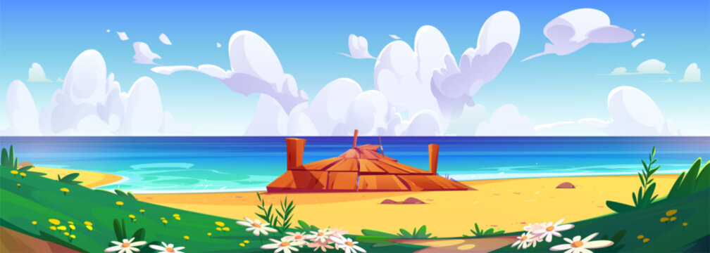 Wooden pier on summer beach. Vector cartoon illustration of sandy seashore with stones, green grass and flowers on hills, blue lake water under cloudy sky, beautiful natural background, sunny scenery