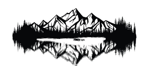 Forest and mountains are reflected in the lake, vector sketch, isolated on white background	
