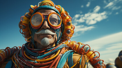 SuperHero - Old man with costume made of colorful cables and pipes with big glasses and mustache.