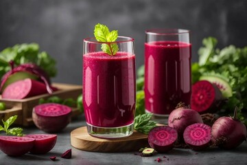 Beetroot cold pressed juice in glass, healthy raw vegetable and fruit drink for detox