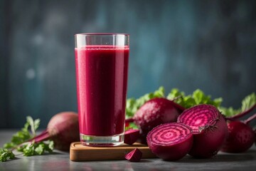 Beetroot cold pressed juice in glass, healthy raw vegetable and fruit drink for detox - obrazy, fototapety, plakaty