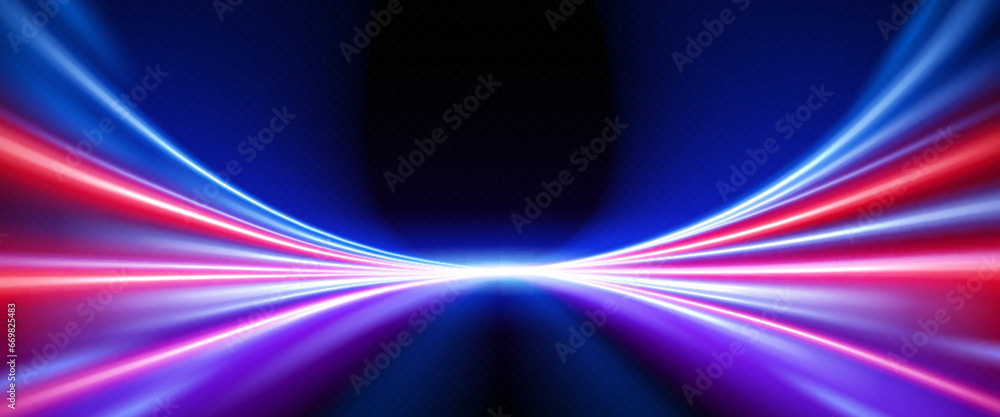 Poster light speed motion effect background with blue and red line. night flare on road for fast movement o