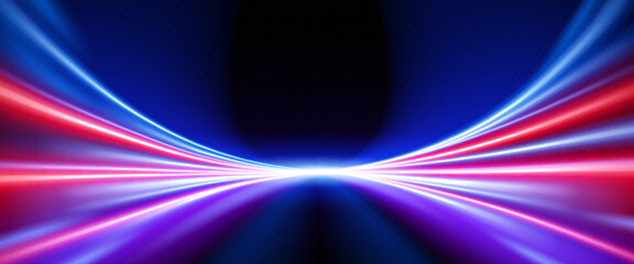 Light speed motion effect background with blue and red line. Night flare on road for fast movement on street. Neon race trail with color blur gradient on highway. Cyber network velocity pattern