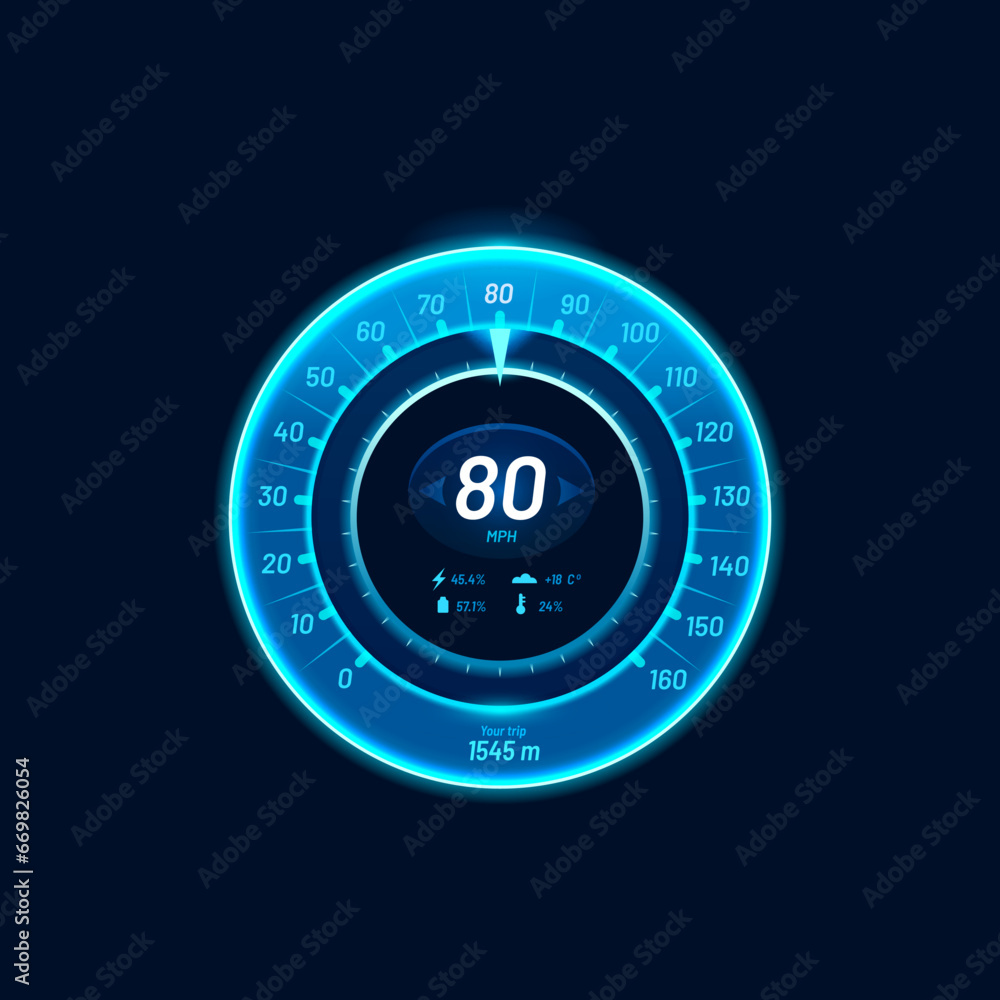 Poster speedometer blue neon dial, car speed gauge dashboard, futuristic counter interface. vehicle engine 