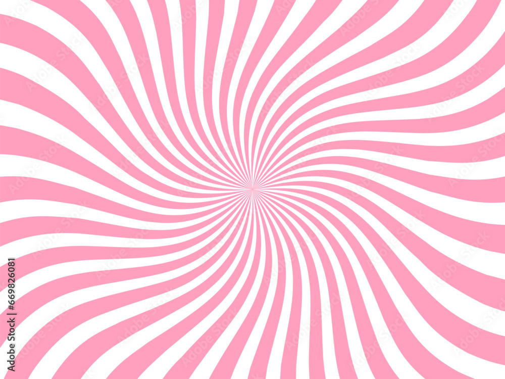Poster Strawberry pink ice cream swirl pattern, milk twist candy background. Spiral wavy lines vector pattern with yogurt, lollipop candy, ice cream and marshmallow twirl. Radial lines retro backdrop