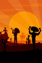 Mexican mariachi musicians and dancing woman silhouettes at desert sunset landscape with sun rays and saguaro cactuses. Charro cowboys vector characters in sombrero hats playing maracas and trumpet - obrazy, fototapety, plakaty
